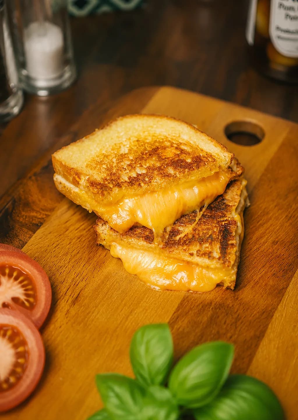 An Ultimate Cheese toastie cut in half on a wooden board, melted cheese spilling from between the halves