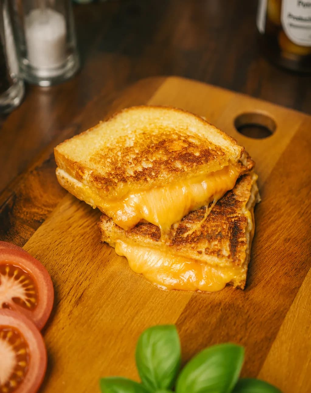 The Ultimate Cheese toastie on a wooden board, cut and pulling apart